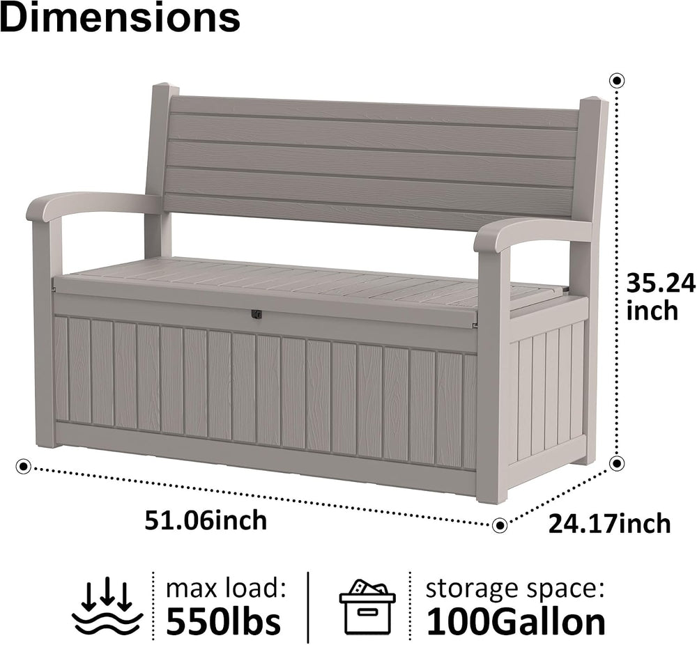 100 Gallon Outdoor Storage Bench,Waterproof Resin Deck Box with Seat Grey