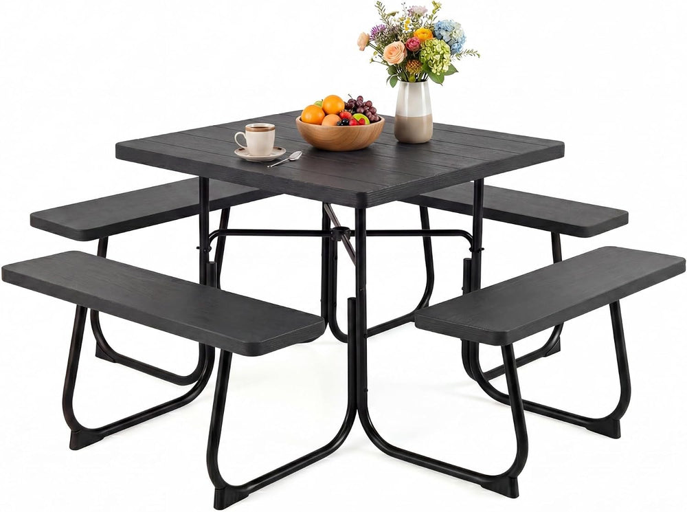 GYMAX Picnic Table Bench with Umbrella Hole, 8 Person Square Outdoor Picnic T...