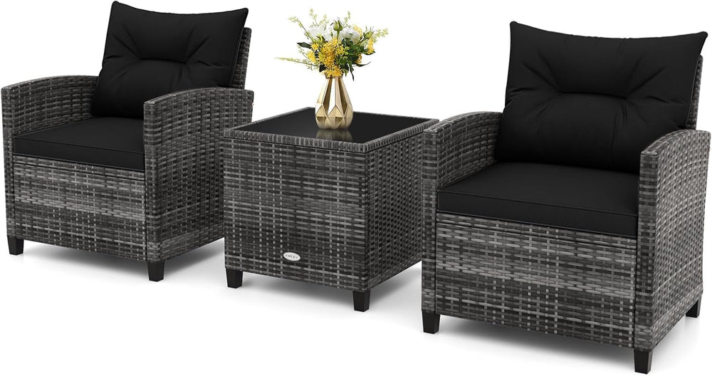 RELAX4LIFE 3 Piece Patio Furniture Set, Wicker Bistro Conversation Set w/2 Cu...