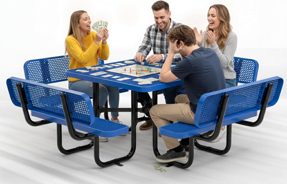 Metal Picnic Table (Blue, 46 in Square with Back, Expanded Steel)