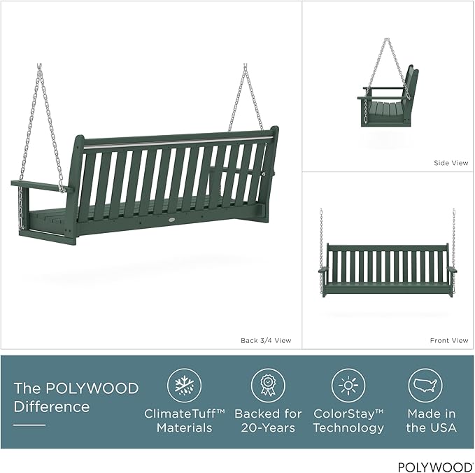 POLYWOOD Vineyard 5-Foot Porch Swing, Heavy Duty HDPE Outdoor Hanging Bench, ...