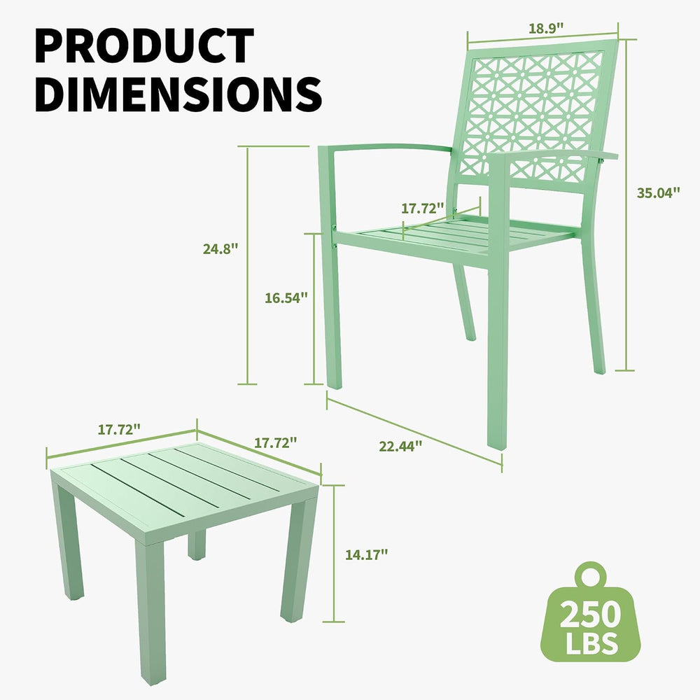 3 Piece Patio Bistro Set, Stackable Patio Dining Set, Green