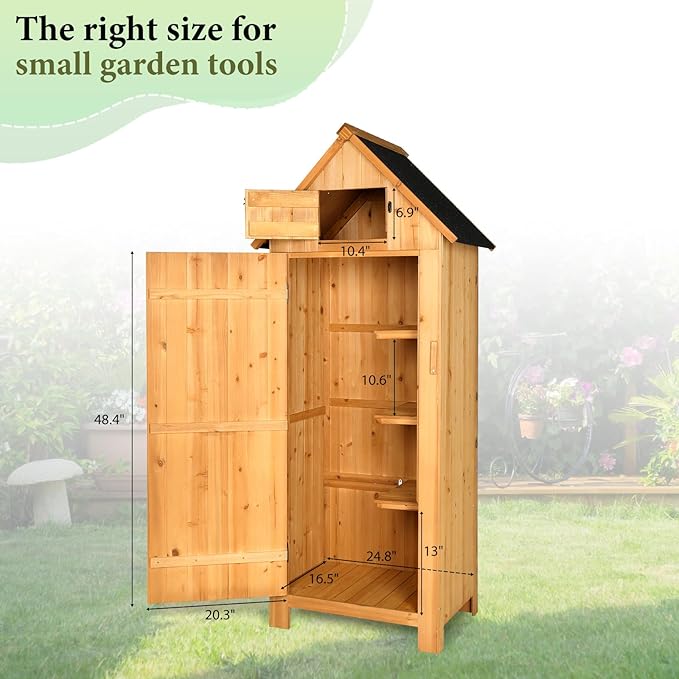VINGLI Outdoor Wooden Storage Shed, Garden Shed Outside Tool Cabinet with Saf...