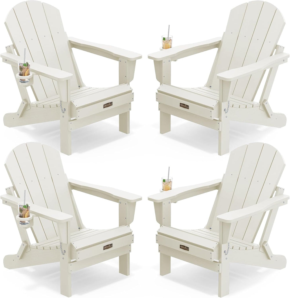 SERWALL Folding Adirondack Chair Set of 4 with Cup Holder for Outdoor-White