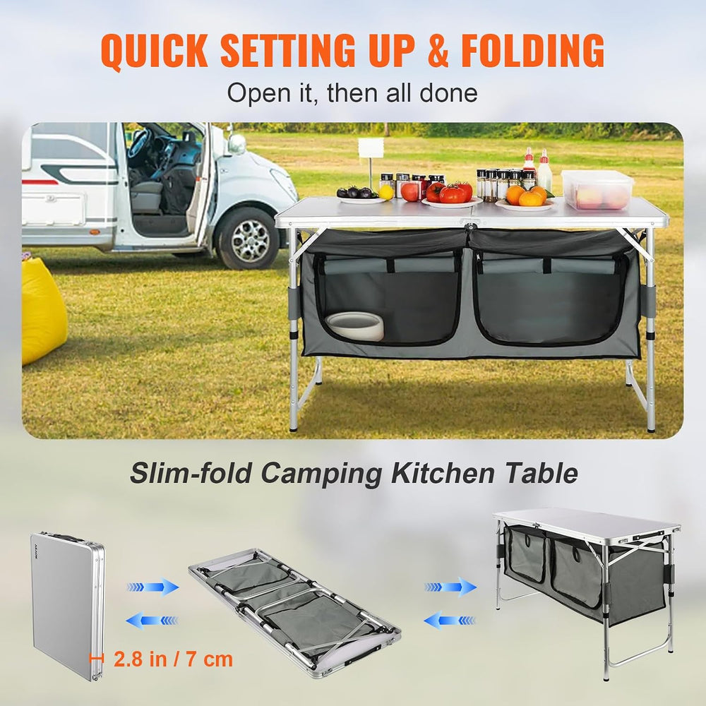 VEVOR Camping Kitchen Station, 3 Adjustable Height Folding Outdoor Camp Cooki...
