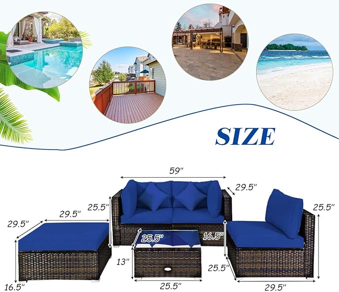Tangkula 5 Pieces Patio Rattan Furniture Set, Outdoor Sectional Rattan Sofa S...