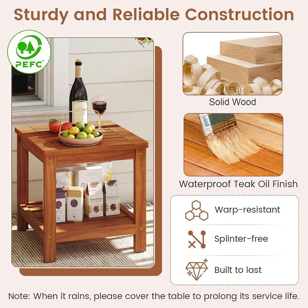 HAPPYGRILL 2-Tier Outdoor Wood Side Table with Storage Shelf, Patio Wooden En...