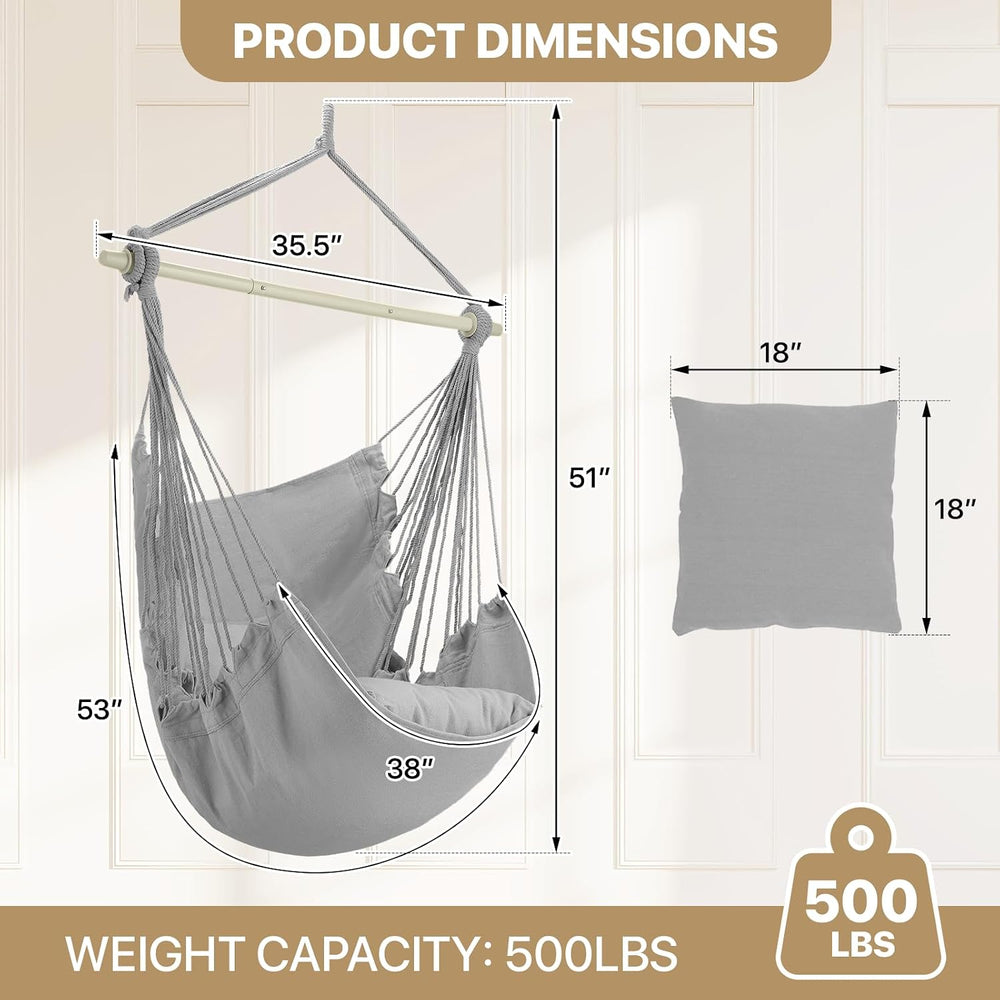 MoNiBloom Hammock Chair Hanging Rope Swing w/2 Cushions, Hold 350 lbs, Gray