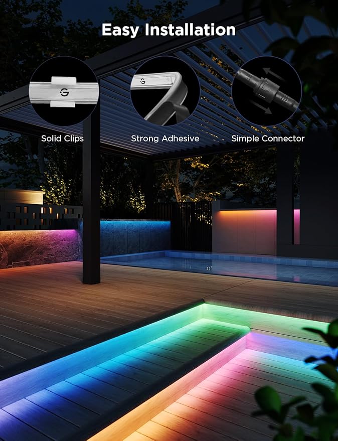 Govee Outdoor LED Strip Lights RGBIC with Warm and Cold White, 65.6ft 2.4G Wi...