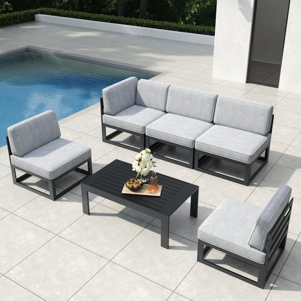 6 Pieces Aluminum Patio Furniture Set with Coffee Table, Metal Outdoor Conver...