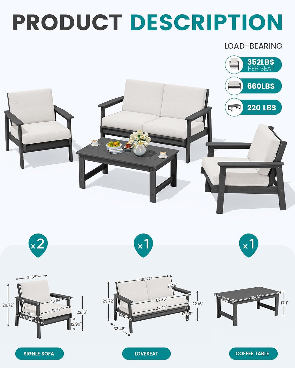 SERWALL 4 Piece HDPE Outdoor Furniture Set, All Weather Outdoor Sofa Couch