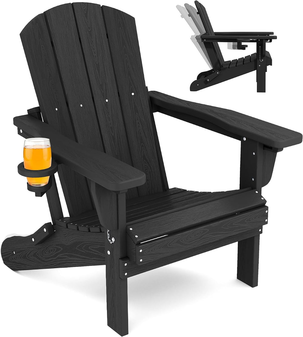 SERWALL Folding Adjustable Adirondack Chair with Cup Holder, Black