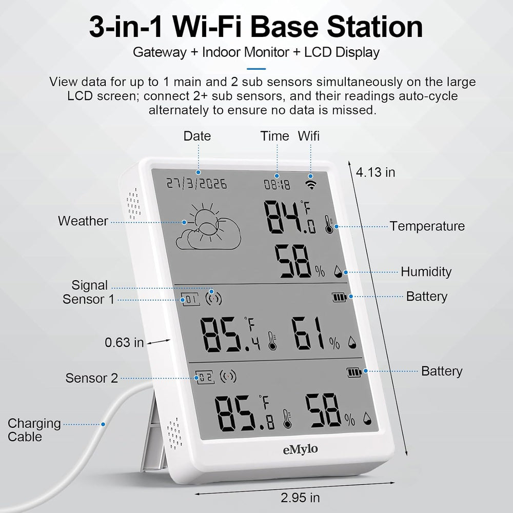 eMylo WiFi Thermometer Hygrometer with 2 IP65 Remote Sensors, 328Ft Range