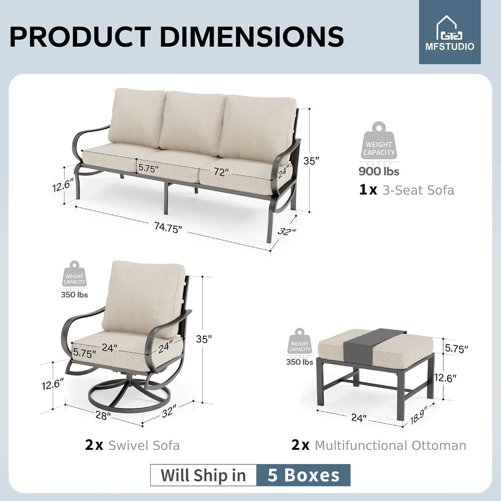 MFSTUDIO 5 Piece Metal Patio Furniture Set with Beige Cushions
