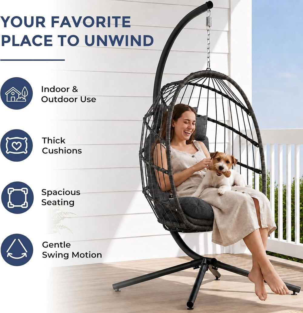 Outdoor Egg Chair with Stand, Indoor Egg Hanging Swing - Dark Grey