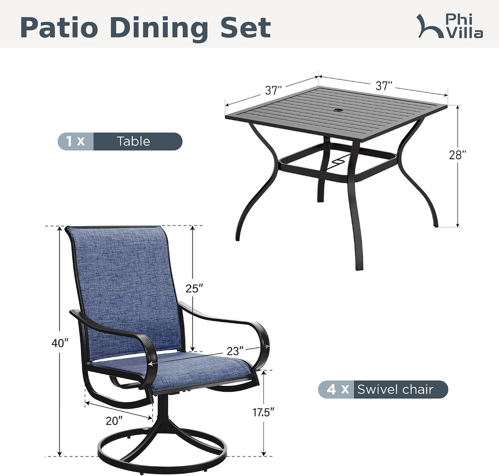 PHI VILLA 5 Pcs Patio Dining Set for 4, Swivel Mesh Chairs, Blue
