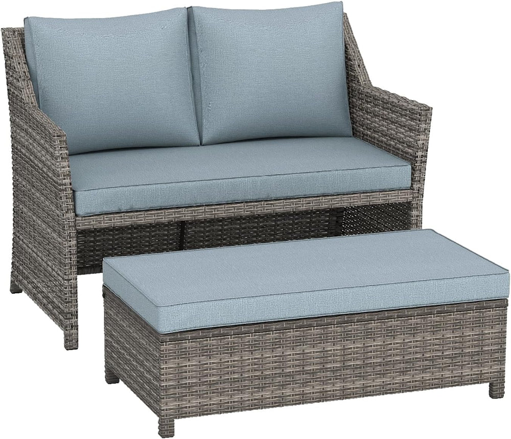 OC Orange-Casual Wicker Patio Loveseat Sofa w/Storage Ottoman, 2 Pcs, Gray