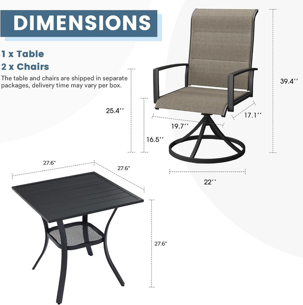 DIFY 3pc Outdoor Dining Set, 27.6" Square Table & Padded Swivel Chairs