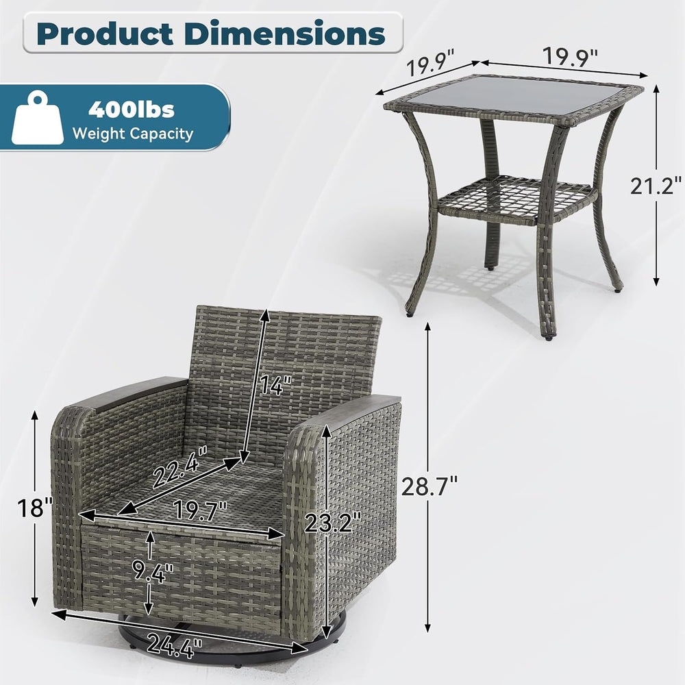 3 Piece Patio Set, Outdoor Swivel Chair, Wicker Patio Bistro Set with Side Ta...