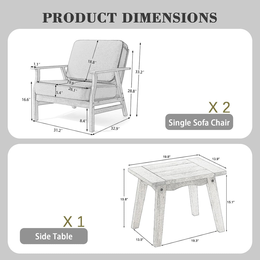 3 Piece Wood Patio Chair Outdoor Bistro Set, Outdoor Armchair All Weather Pat...