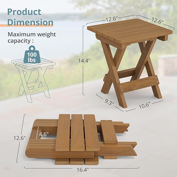 LUE BONA Small Outdoor Folding Side Table, HDPS Outside End Table for Patio, ...