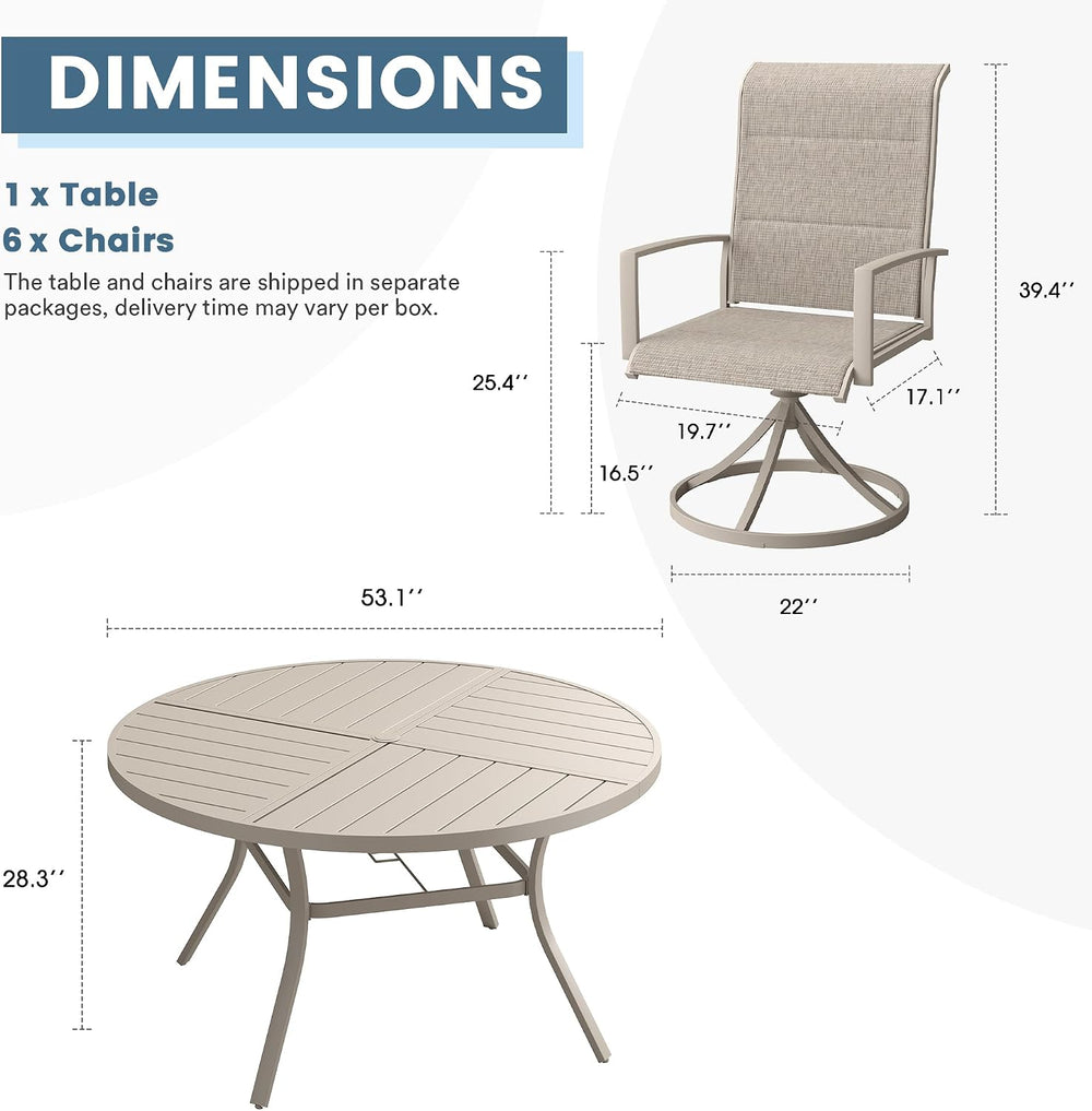 DIFY 7 Piece Outdoor Dining Set, 53.1" Round Table & 6 Chairs, Sands...