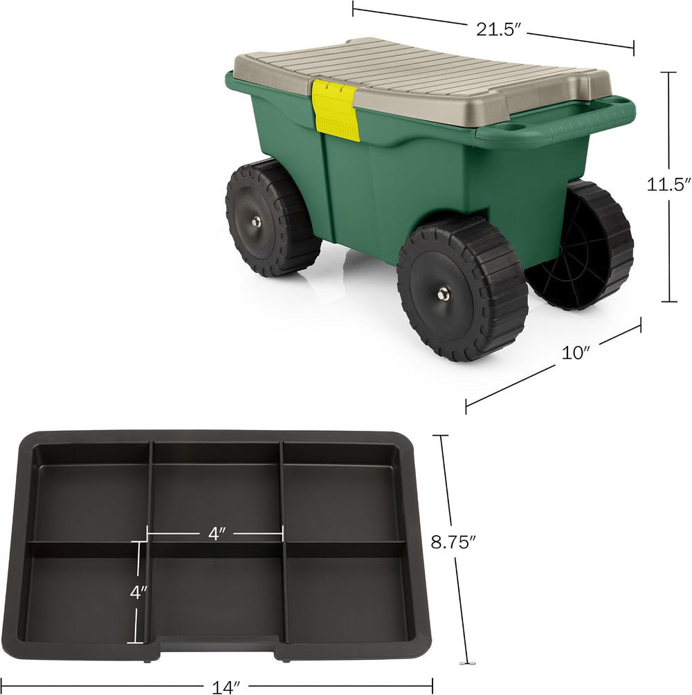Rolling Garden Cart with Seat - Plastic Storage with Bench and Interior Tool ...
