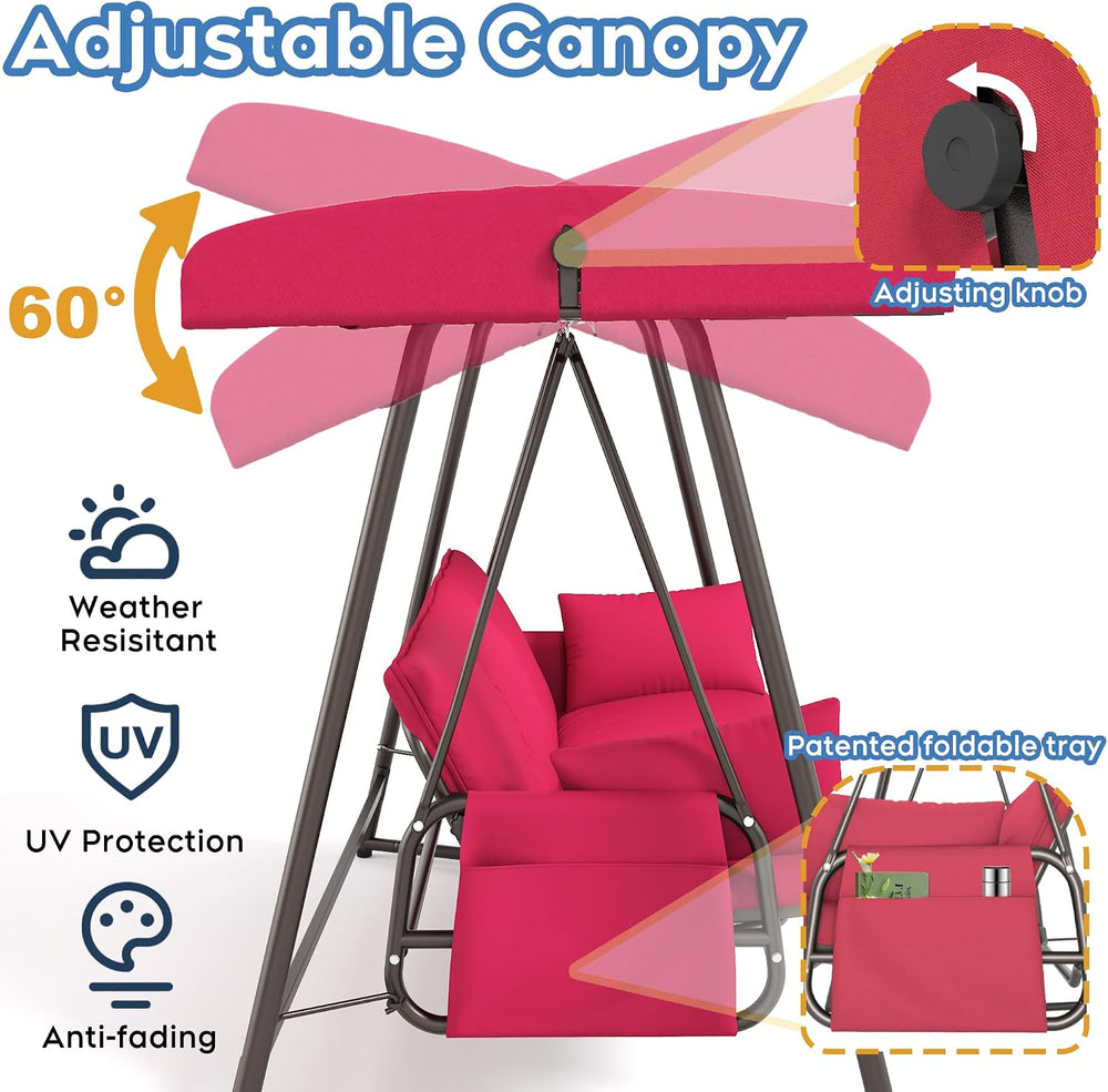 3-4 Seat Outdoor Porch Swing with Adjustable Canopy Patio Swing Bed with Stan...
