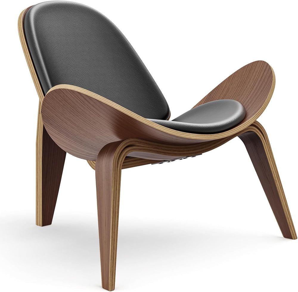 Mid Century Modern Shell Lounge Chair in Walnut & PU Leather