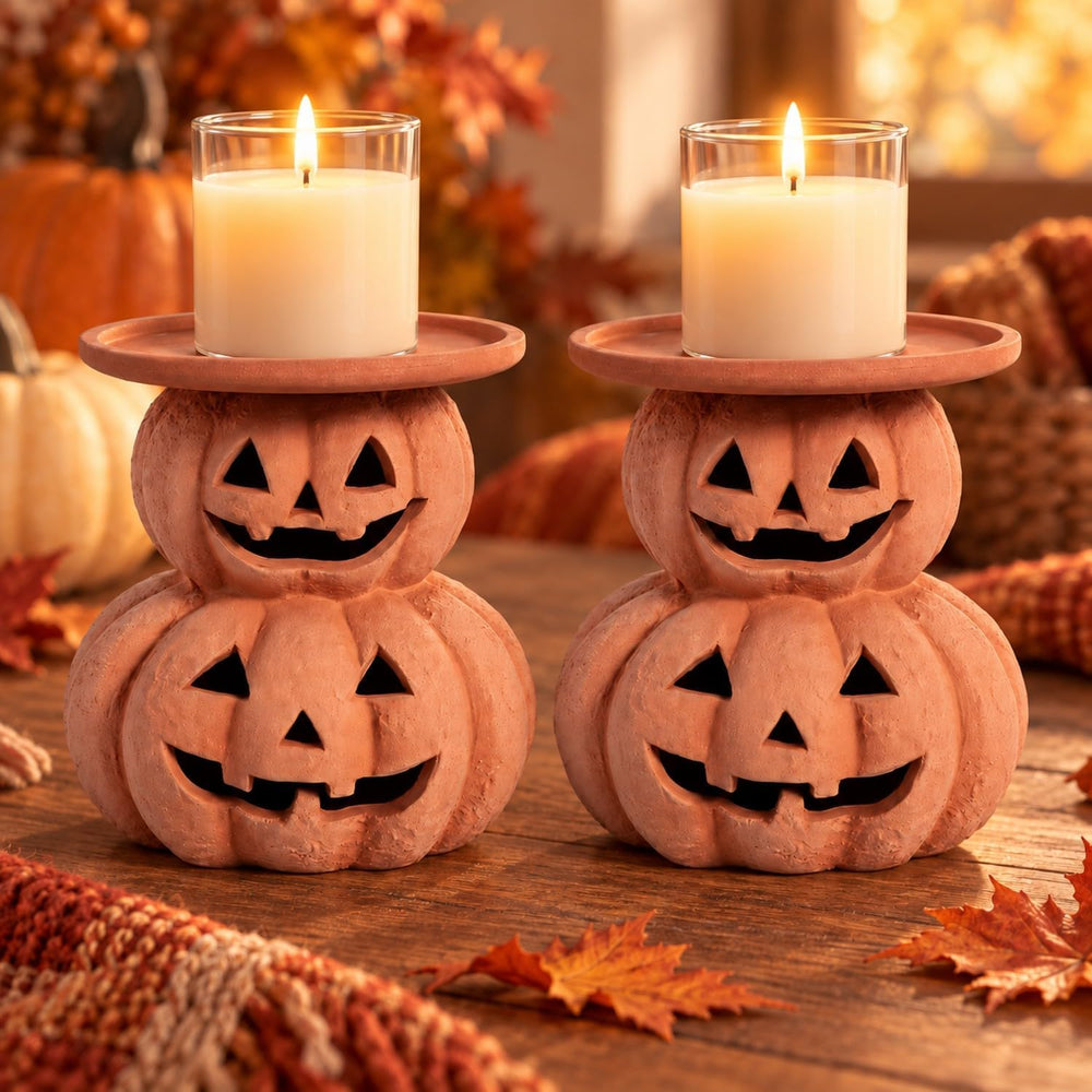 2 Pcs Halloween Terracotta Pumpkin Candle Holder Jack O Lantern Table Decor