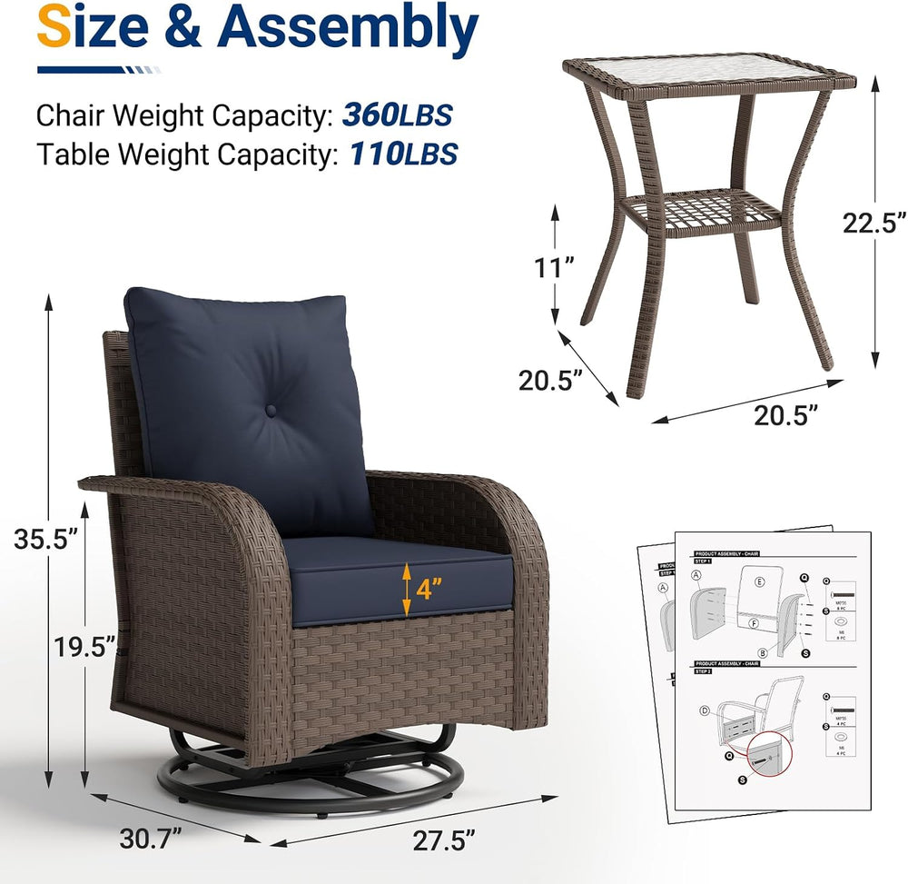 UDPATIO Outdoor Furniture 3 Piece Patio Swivel Chair, Olefin Fade Resistant