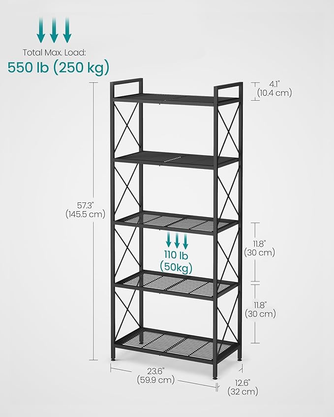 SONGMICS 5-Tier Metal Storage Rack, Shelving Unit with X Side Frames, Dense M...