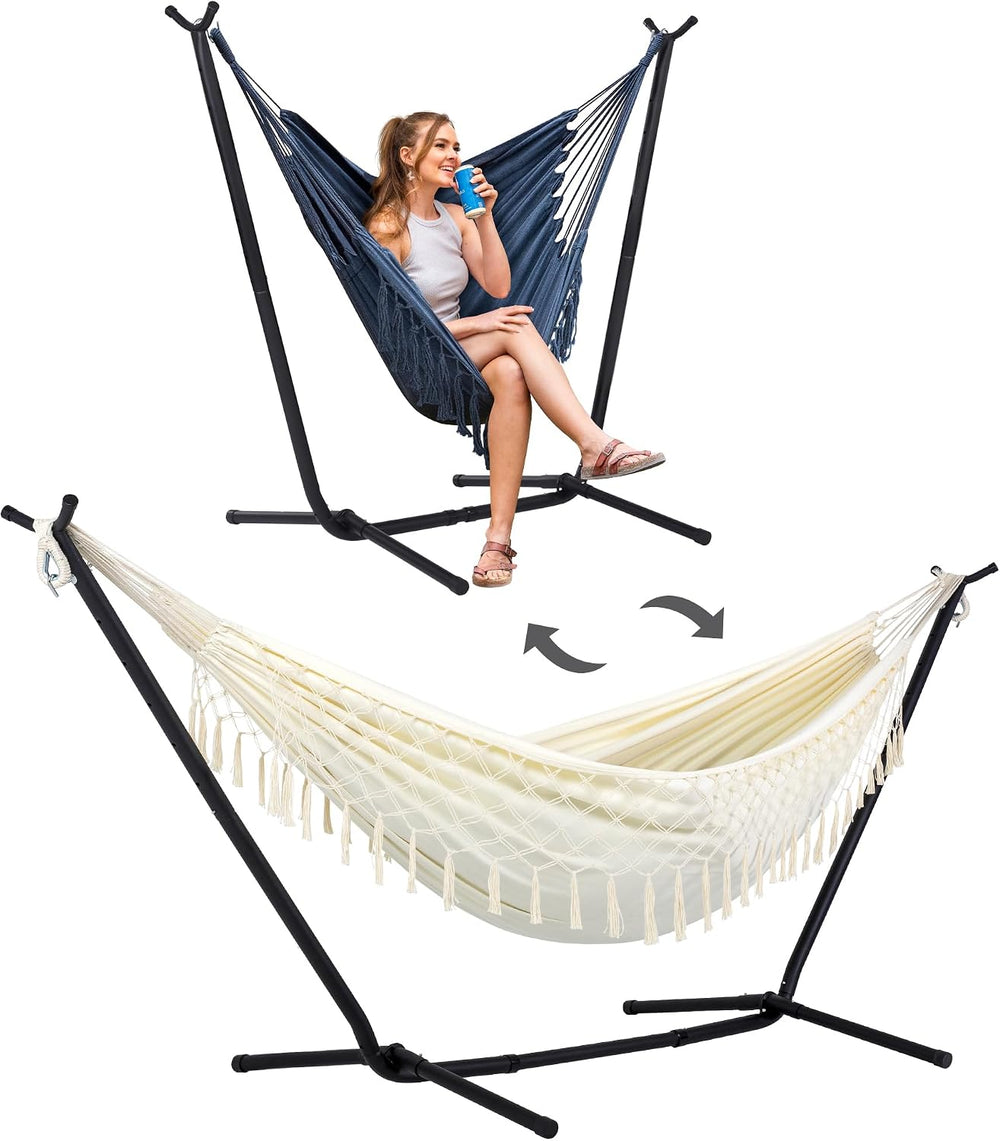2-in-1 Convertible Portable Hammock with Stand, Natural Tassel