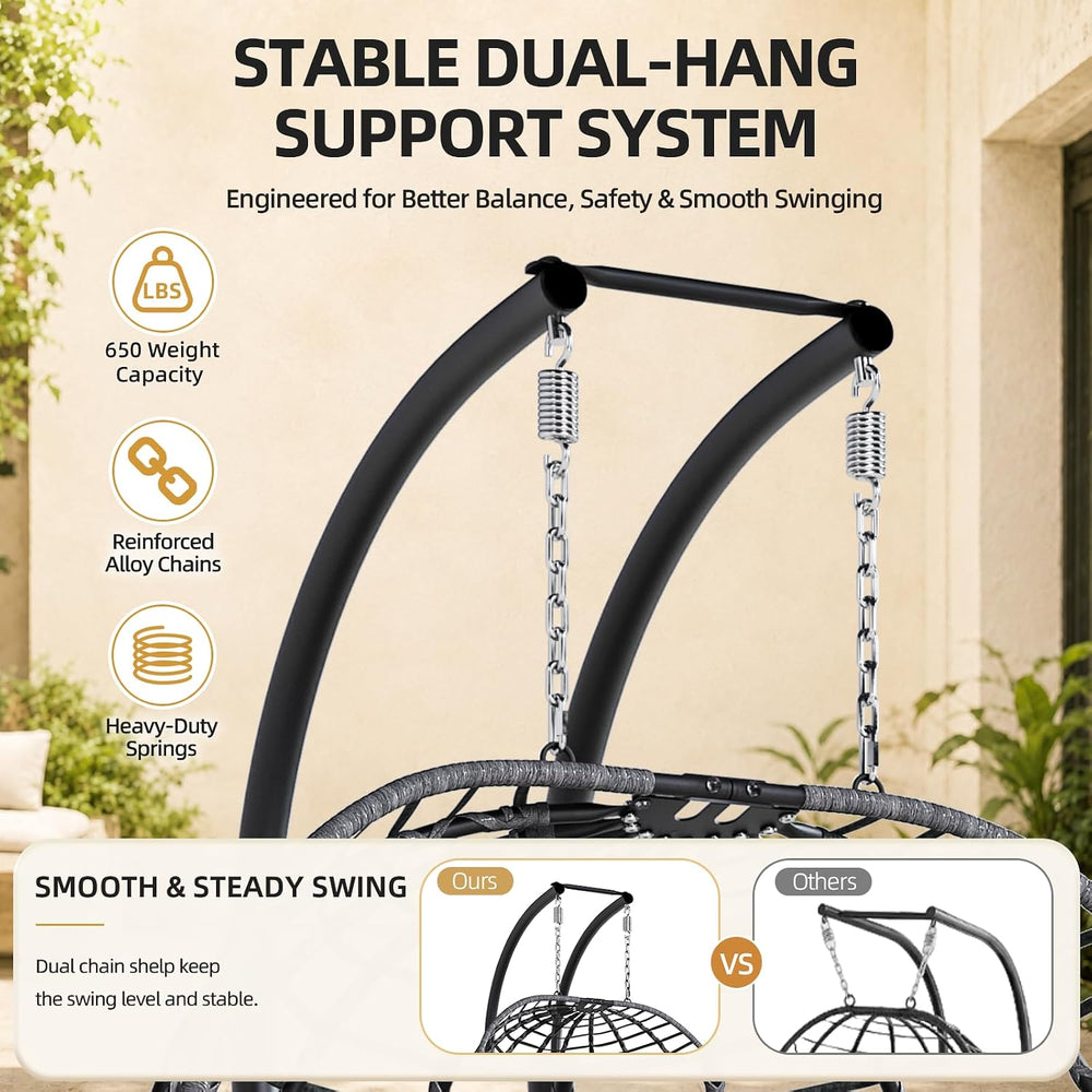 Double Egg Swing Chair with Stand, Outdoor 650LBS, Dark Gray