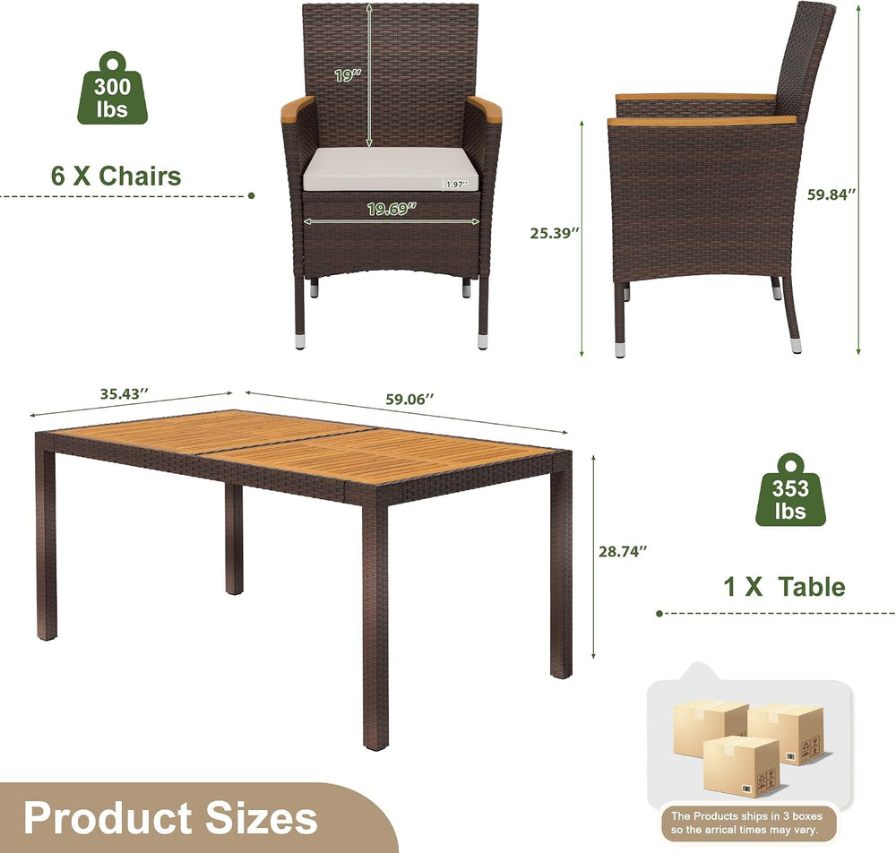 Devoko 7 PCS Acacia Wood Patio Dining Set, Brown Rattan