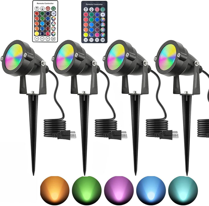 RGB Spot Lights with Timer, Halloween 10W 120V Color Changing Outdoor Metal Case Landscape SpotLights IP65 Waterproof Spotlight with Stake Stand for Yard Garden Lawn Patio, 4 Lights