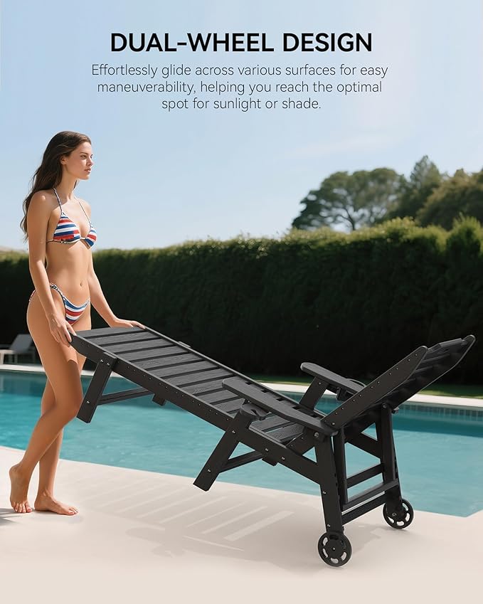 Carauci Lounge Chair Outdoor Set of 2, HDPE Chaise Lounge with Wheels, 5-Posi...
