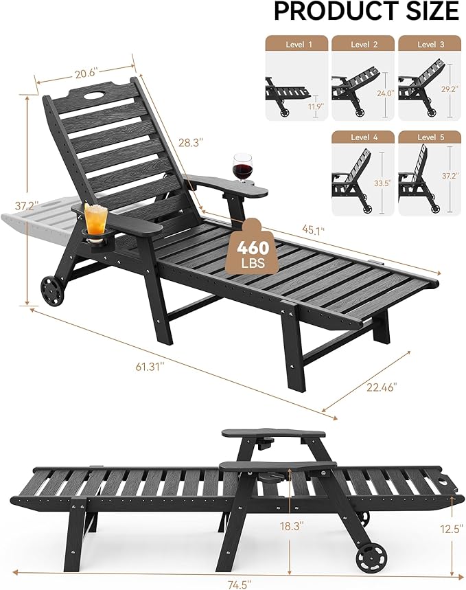 Carauci Lounge Chair Outdoor Set of 2, HDPE Chaise Lounge with Wheels, 5-Posi...
