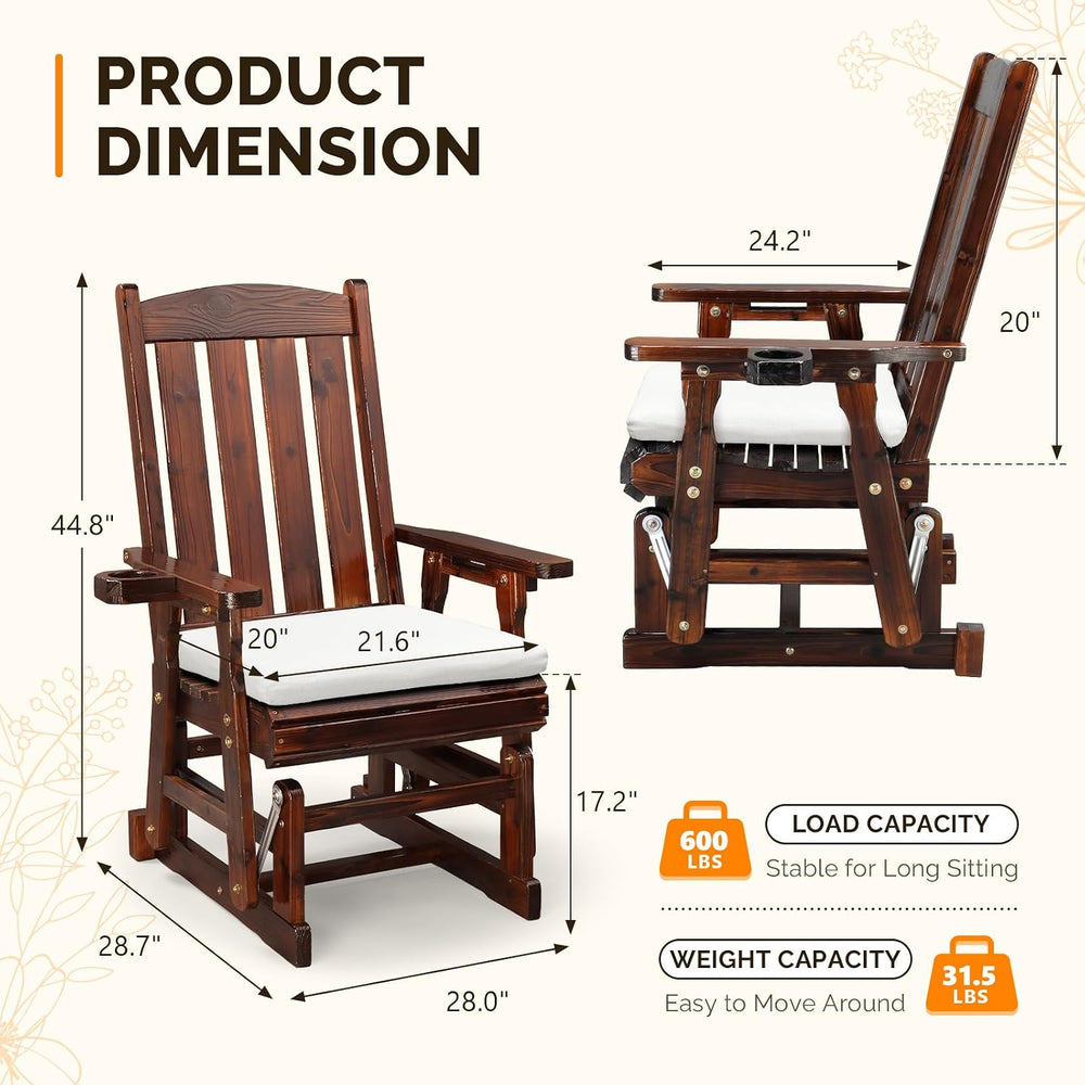 VINGLI Wooden Patio Glider with Cushion, Heavy Duty 600 LBS Outdoor Glider wi...