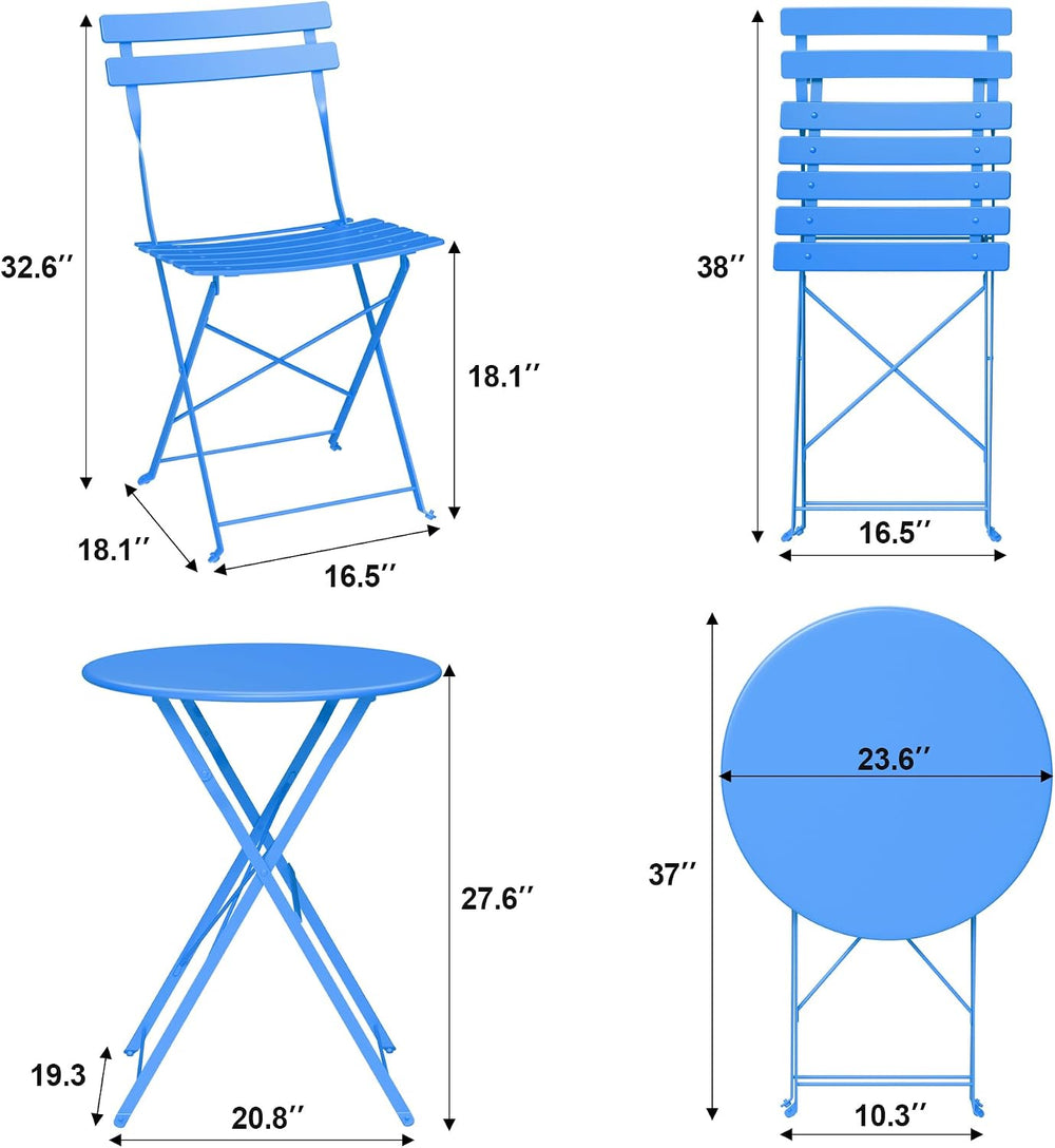 Bistro Table and Chairs Set of 2, 3 Piece Folding Patio Bistro Set, Blue