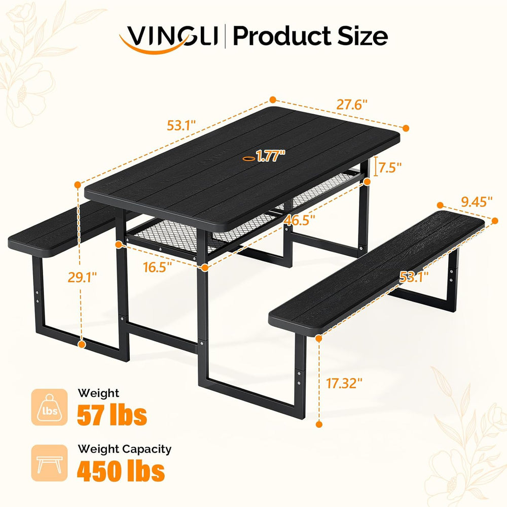VINGLI 4.5FT Outdoor Picnic Table with Storage Shelf & Umbrella Hole, All...