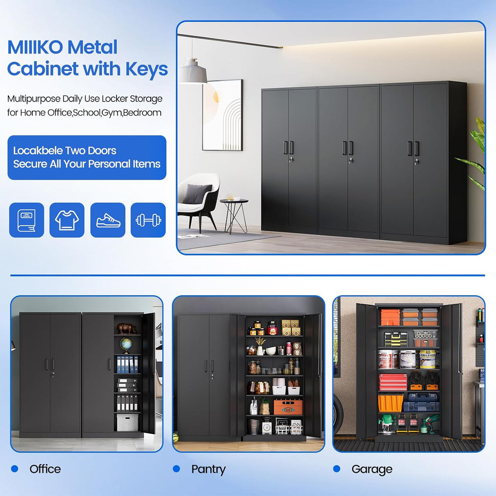 MIIIKO Metal Garage Storage Cabinet with 2 Doors and 5 Shelves,71" Tall ...