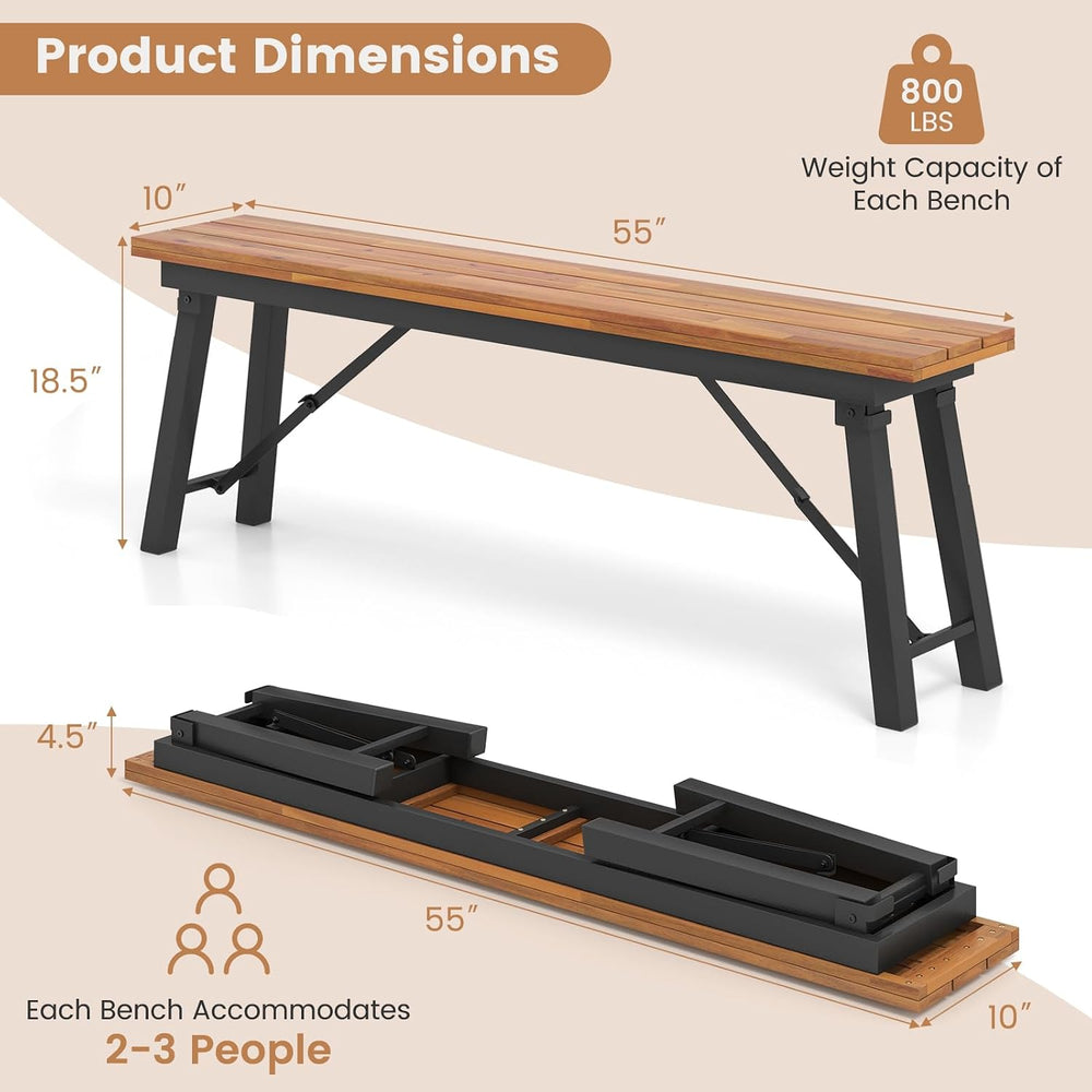 HAPPYGRILL Folding Picnic Table Bench Set, Acacia Wood Dining Table Bench w/M...