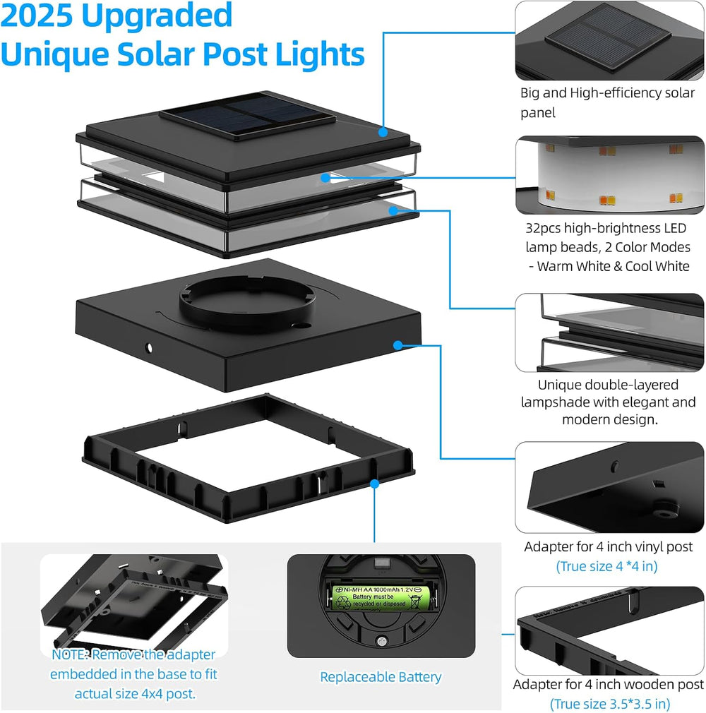 12 Pack Solar Post Cap Lights Outdoor Waterproof, Warm & Cool White, Blac...