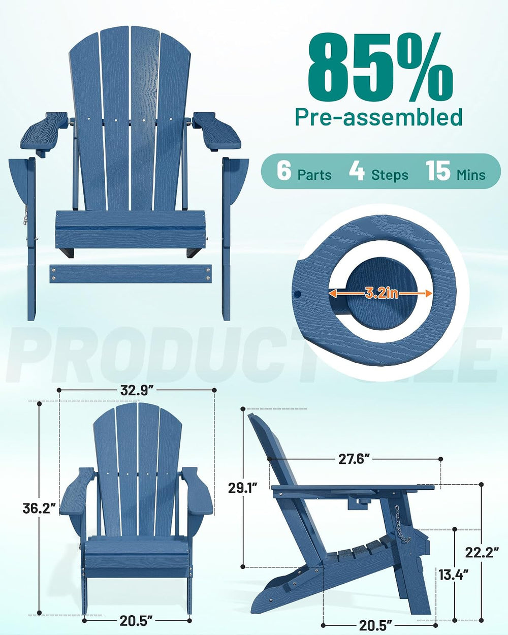 PLUUV Adirondack Chair Set of 6, Fire Pit Chairs with Cup Holder, Navy