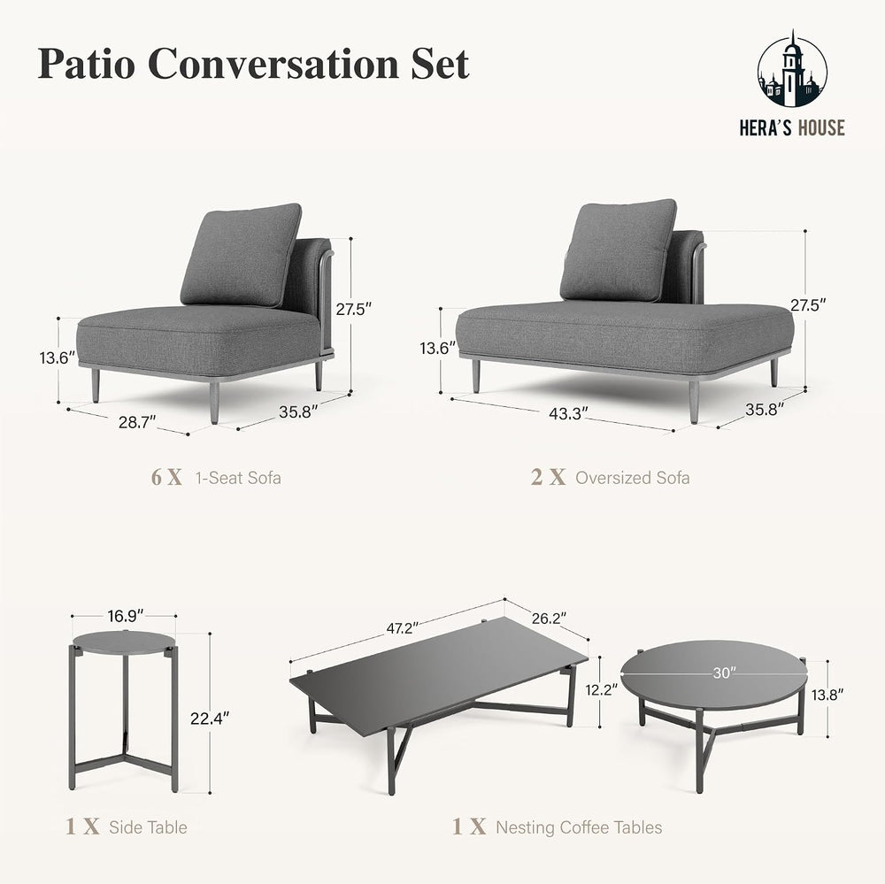 HERA'S HOUSE Metal Patio Furniture Set, 10-Seat Modular Design, Grey
