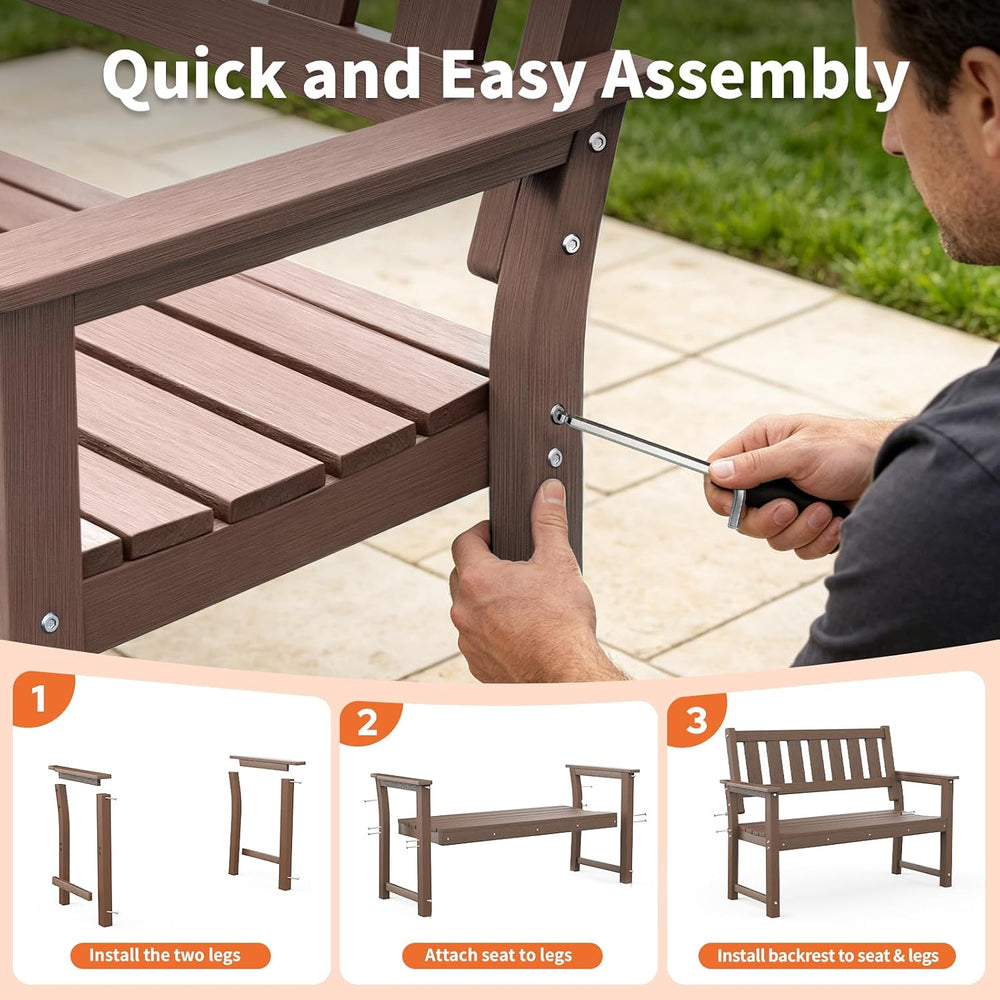 50" HDPE Outdoor Bench Weatherproof Patio Seating, Mocha Brown