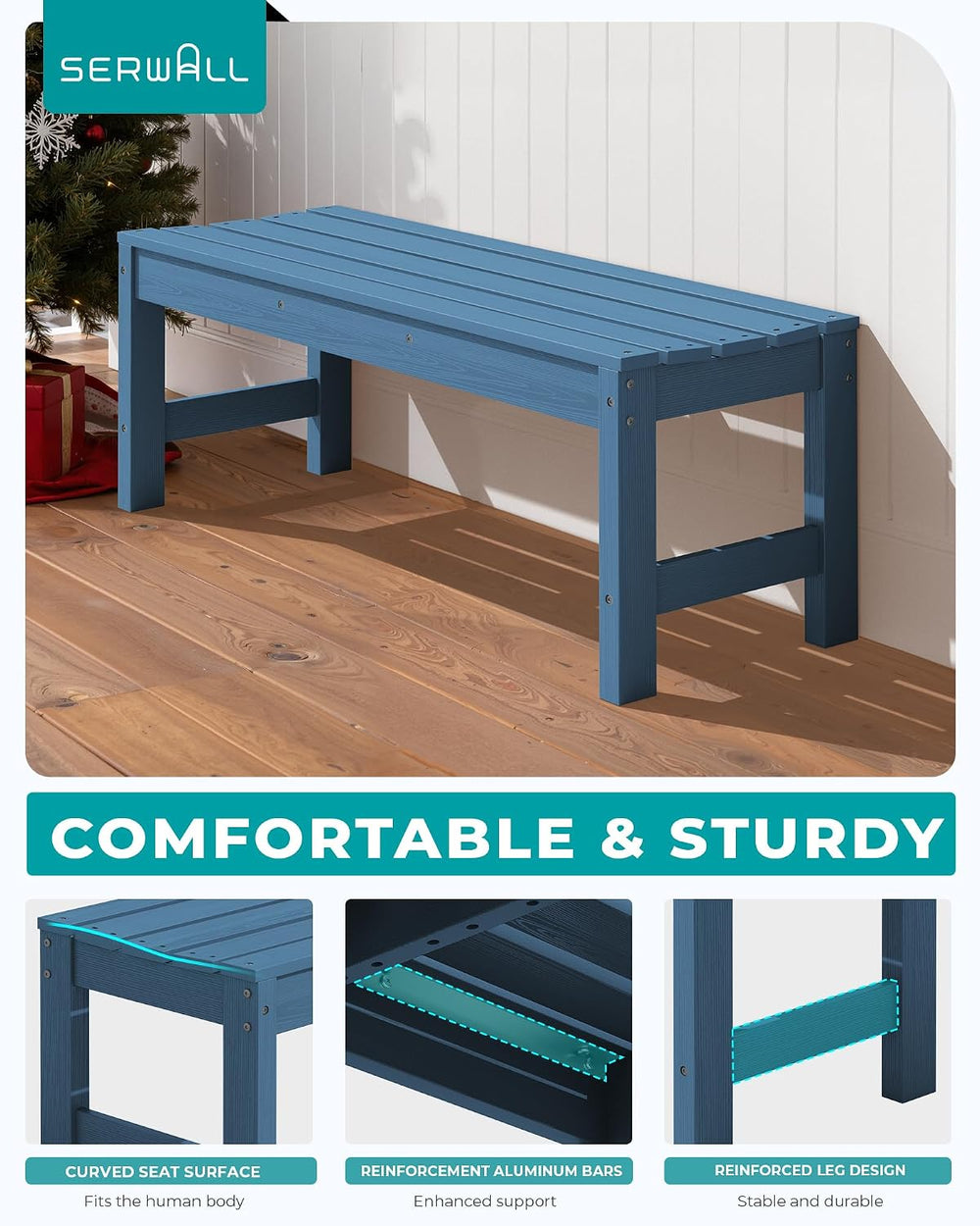 SERWALL 47 Inches Backless Outdoor Bench for 2-Person, Navy
