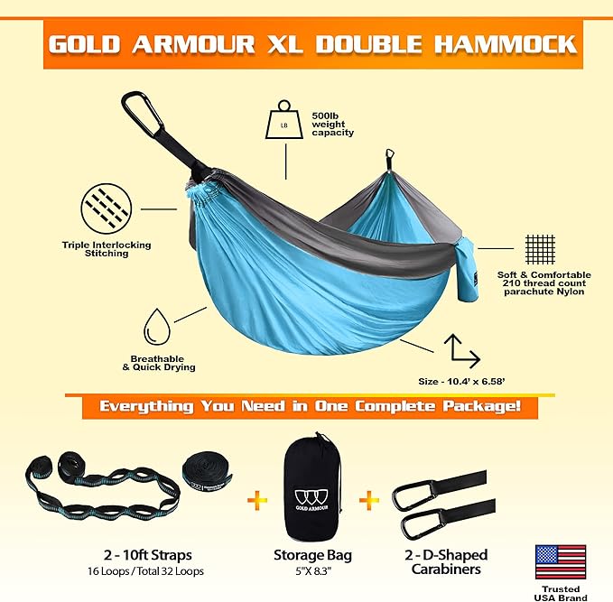 Gold Armour Camping Hammock - XL Double Hammock Portable Hammock Camping Acce...