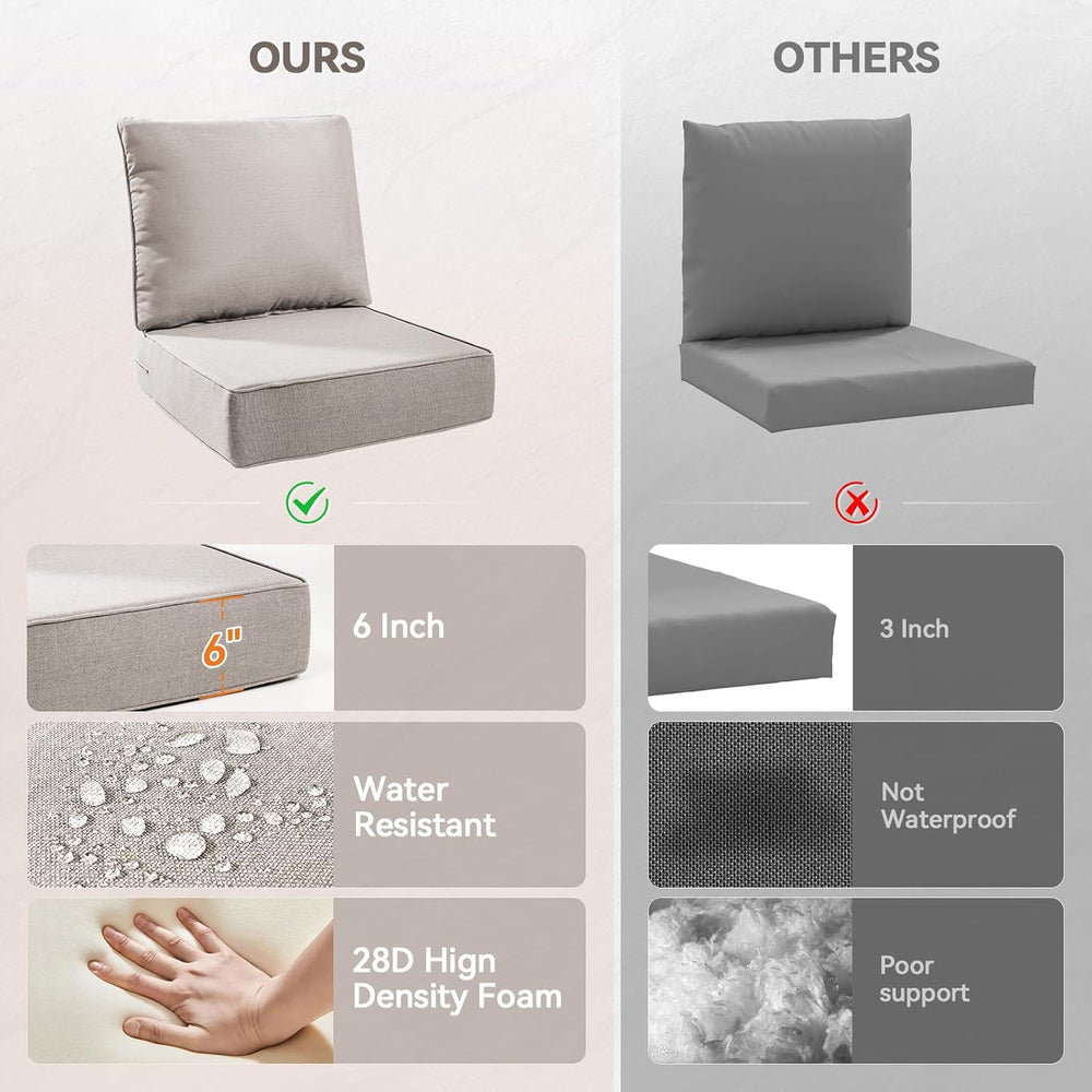 6" Thick Outdoor Cushions 22x24x6, 2-Set Deep Seat Patio Cushions with R...